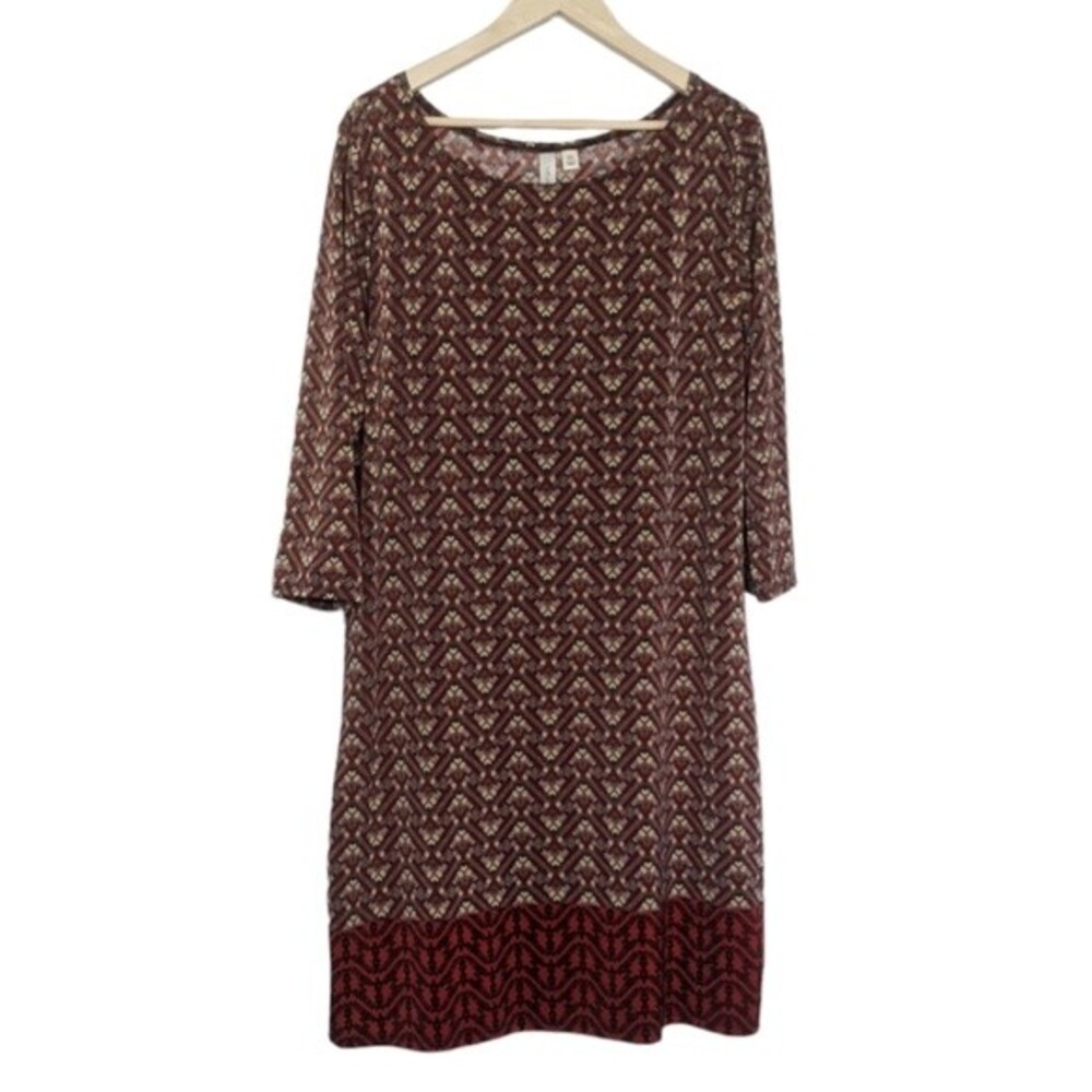 Tacera Dress XL Stretch Geometric Chevron Red Burgundy Tan Navy Pullover X Large